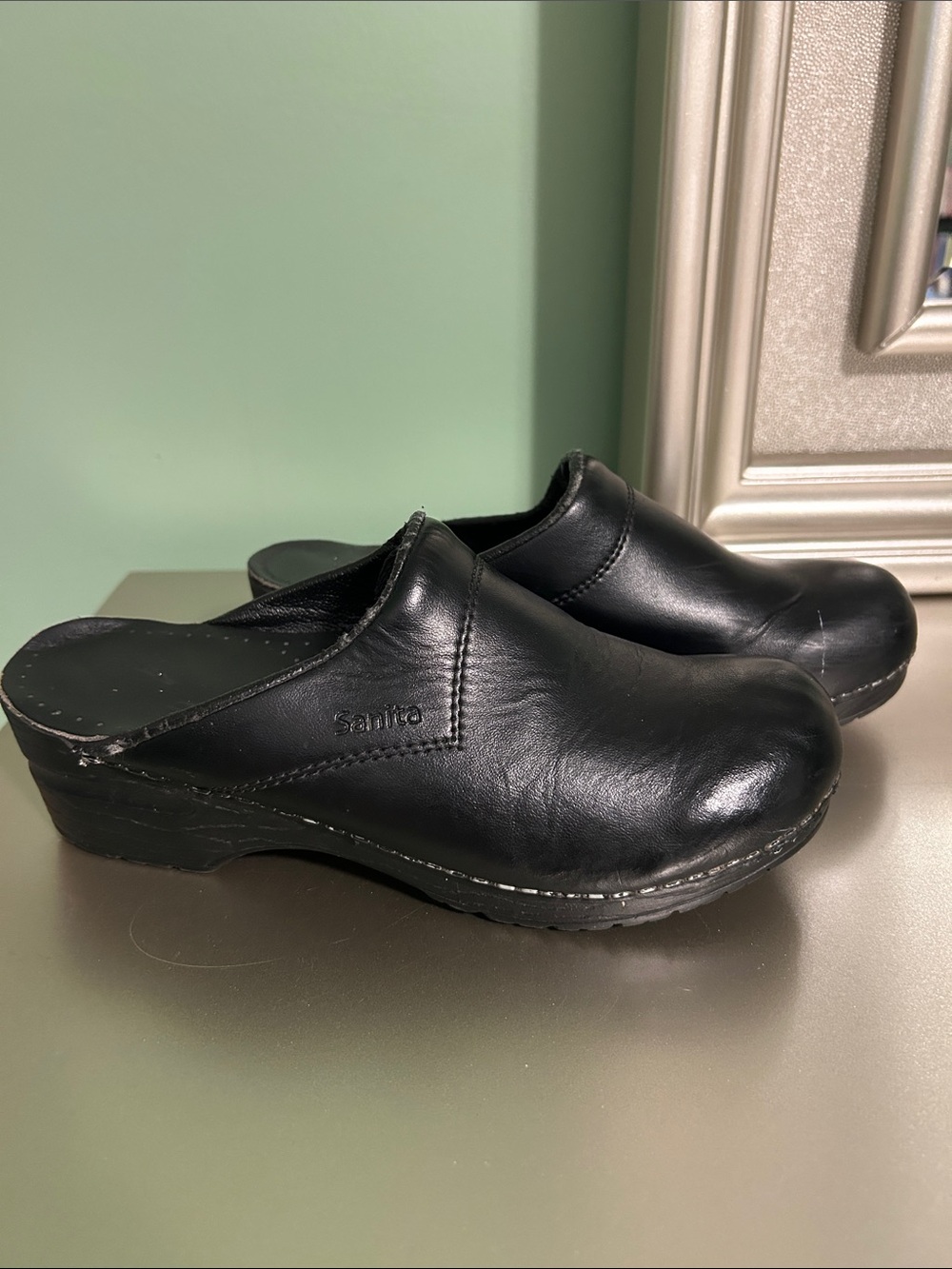 Sanita Black Leather Slip-On Clogs